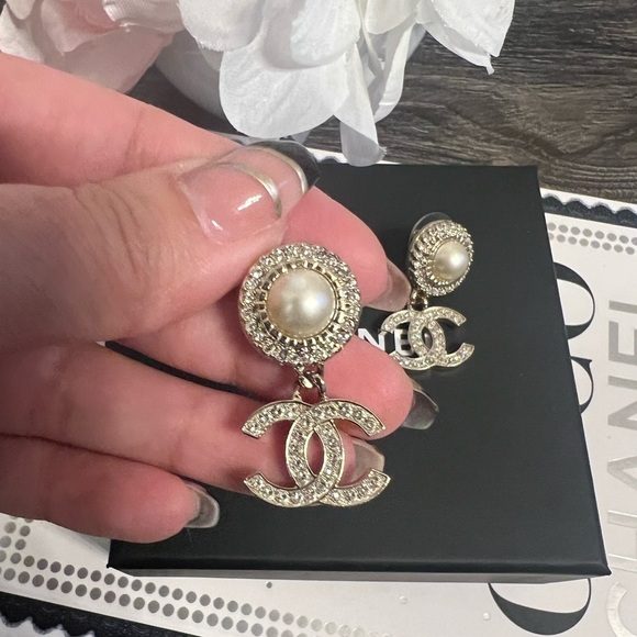 Chanel Faux Pearl & Crystal CC Drop Earrings - Picture 2 of 8